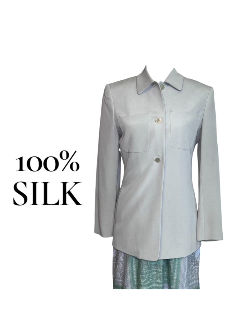 100% Silk Jones New York Light Gray Blazer Jacket Size 6